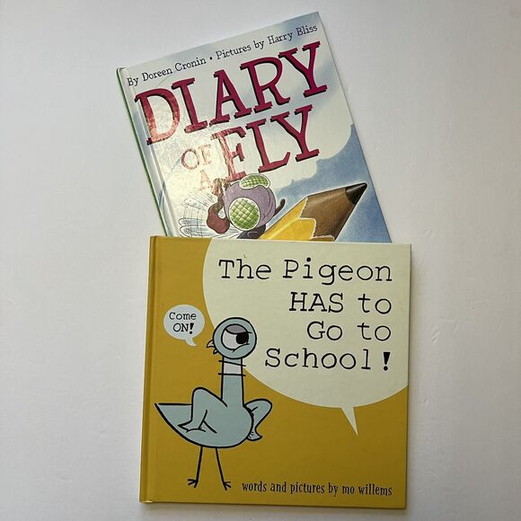 Set Of 2 Childrens Story Books Pigeon Has to Go to School and Diary of a Fly - Picture 1 of 12